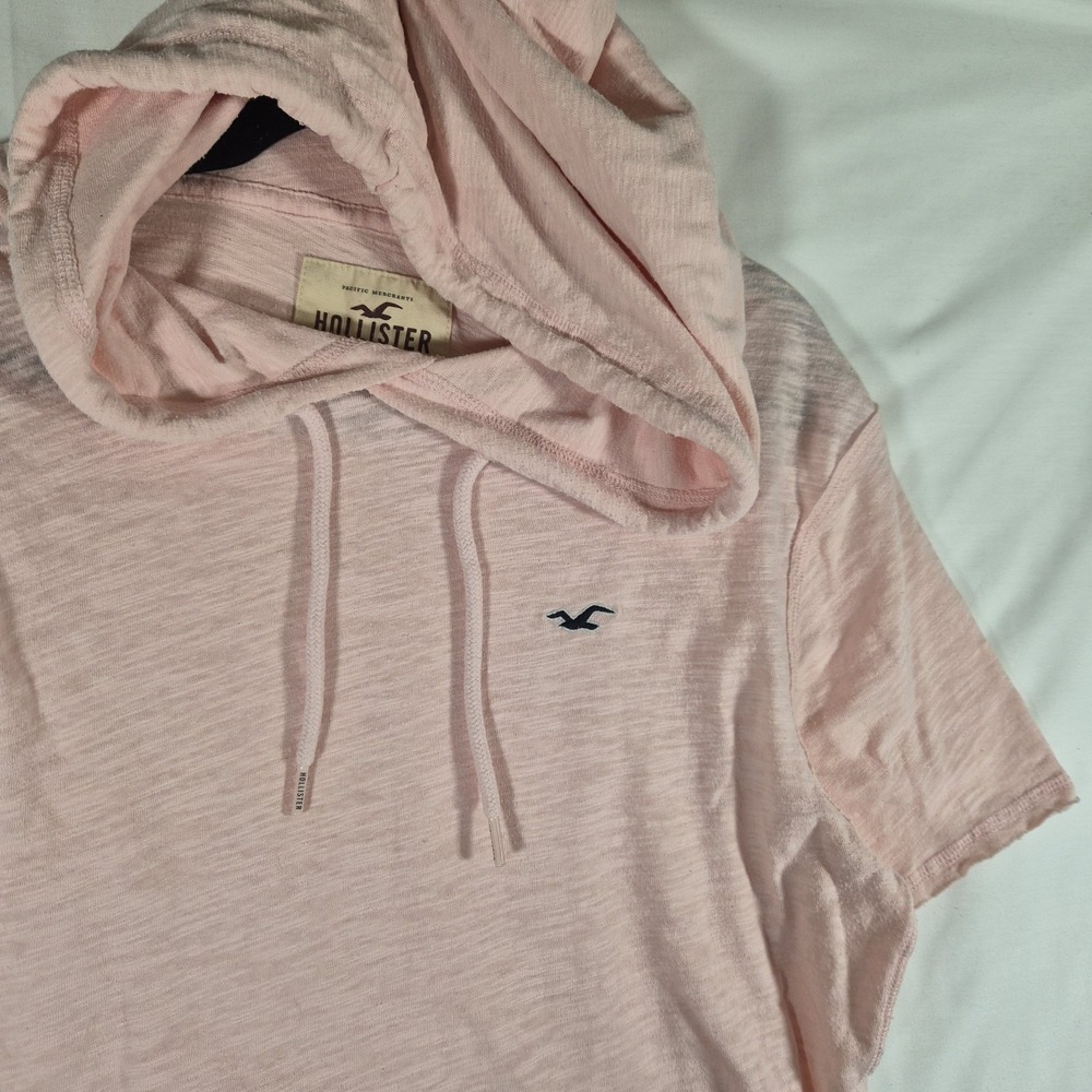 2000s Y2k Mens Small Hollister Pink Slub Short Sleeve Hoodie Kangaroo Pocket